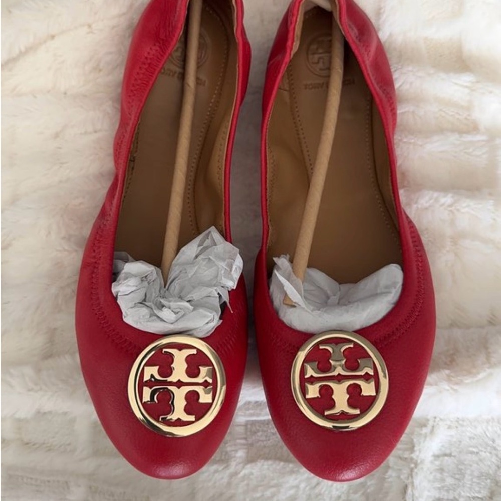 Tory Burch Red Leather Flats with Gold Logo